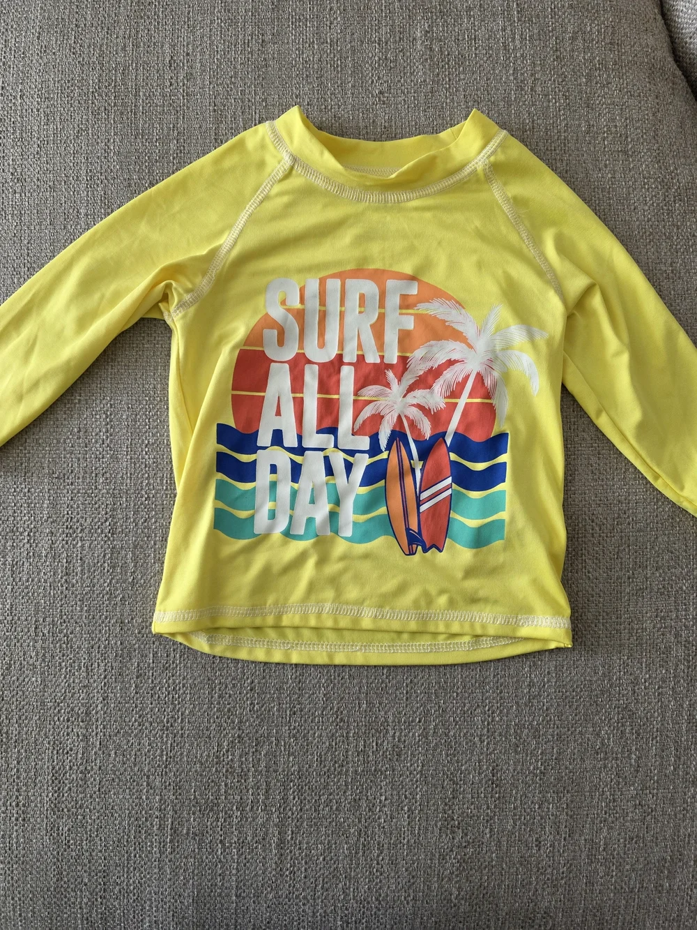 Kids Yellow 'Surf All Day' Long-Sleeve Rashguard & Blue Swim Shorts Set